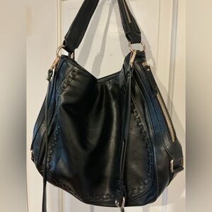 Black Vegan Faux Leather Women's Slouchy Shoulder Bag Tote w Gold Accents NWOT